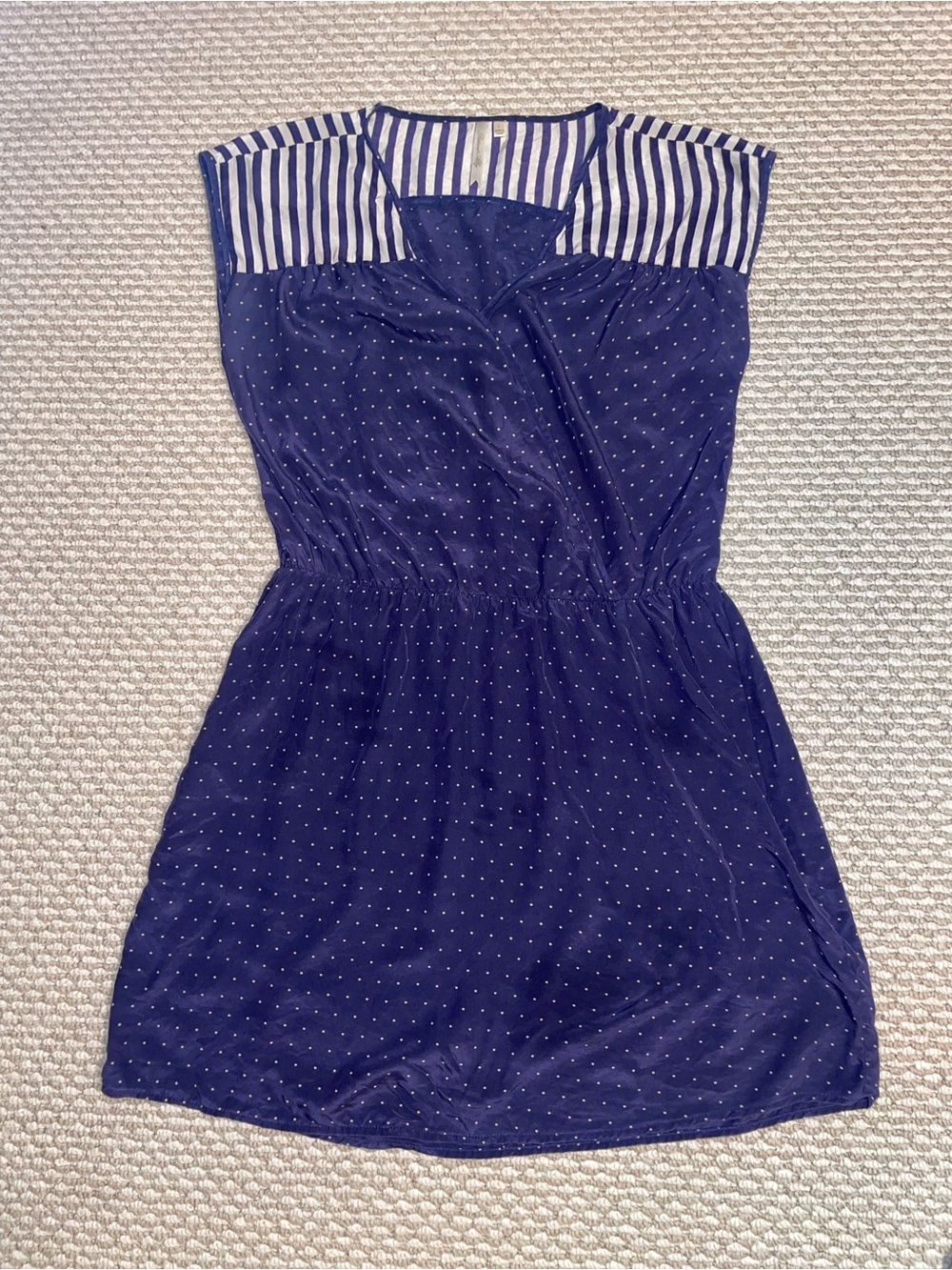 Petticoat Alley Blue Polka Striped Faux Wrap Sleeveless A-Line Silk Dress
